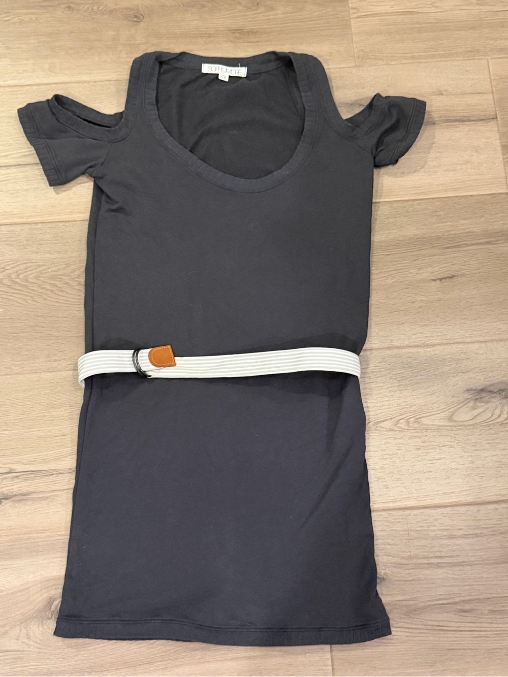 Sophamore Black Cold-Shoulder Mini Dress with White Belt